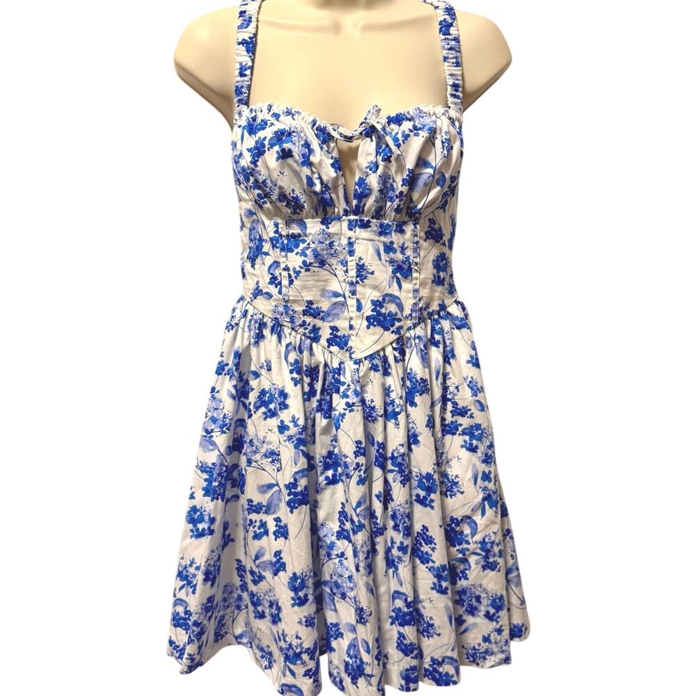 Iris Corset Style Mini Dress | White Blue Floral Bustier Sweetheart Bodice | Sm